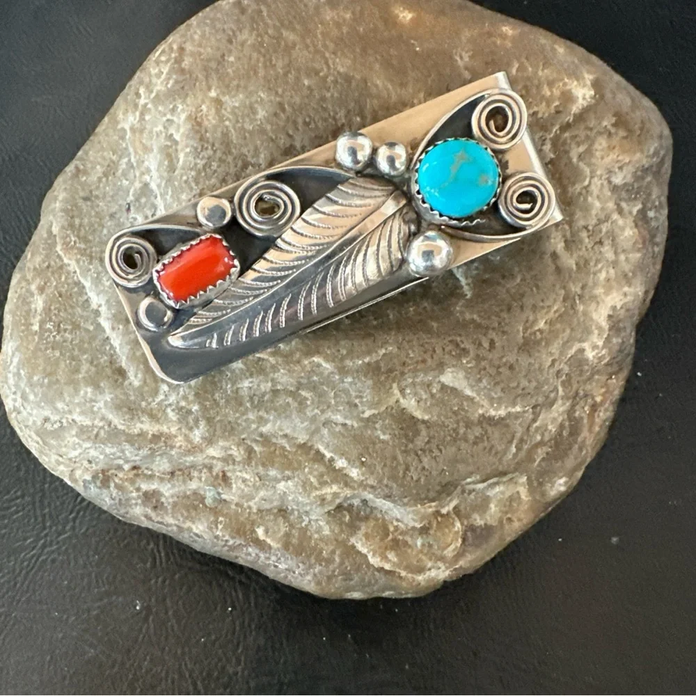 Sterling Silver Feather Turquoise and Red Coral Stone Money Clip 19736